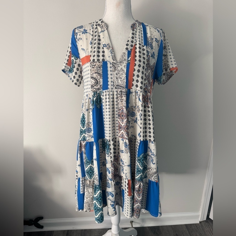 Entro Blue and Orange print Babydoll Summer Dress, Size small